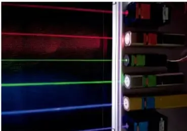 Fotografía de haces de luz láser de distintos colores (rojo, verde, azul) en un laboratorio, ilustrando la propagación de ondas electromagnéticas.