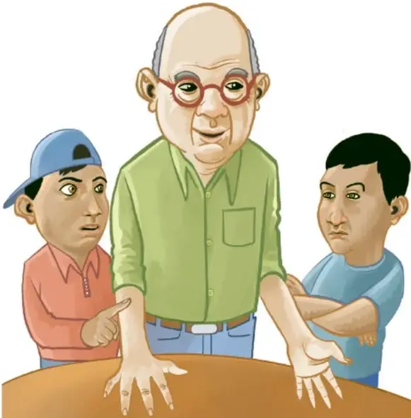Ilustración de dos niños con gesto de enojo que jalan los brazos de un hombre adulto mayor con lentes, quien intenta mediar entre ellos.