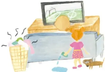 Ilustración de una niña frente a la televisión con un cesto de ropa sucia al lado y un perro.