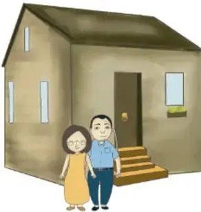 Ilustración de una casa de un piso con escaleras y una pareja joven al frente, con la leyenda 'Guillermo de Marco Rojas Palos, JALISCO'.