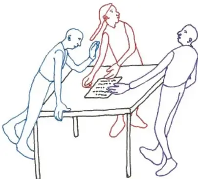 Ilustración de un hombre entregando un documento a una mujer, representando al escribano público.