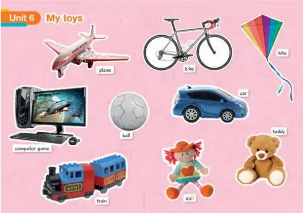 Recuadro con el título 'Unit 6 My toys' y juguetes etiquetados en inglés: plane, bike, kite, computer game, ball, car, train, doll, teddy.