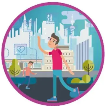 Ilustración circular de una ciudad con edificios, personas caminando y un joven señalando el entorno urbano.