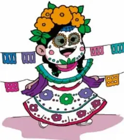 Ilustración de una catrina (calavera con vestido tradicional) con papel picado, de Israel Campos de León, Coahuila.