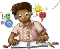 Ilustración de un niño escribiendo en su cuaderno con símbolos de emociones y una cesta con frutas cerca.