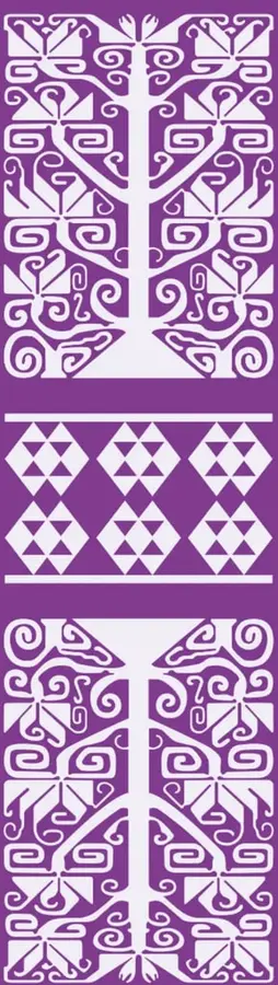 Ilustración de arte textil tradicional mexicano en color morado con motivos geométricos simétricos y un árbol central estilizado.