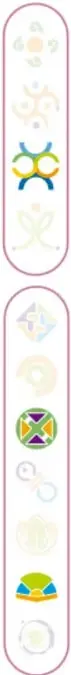 Franja vertical decorativa con pequeños iconos circulares de colores (figuras geométricas, flores y símbolos culturales).