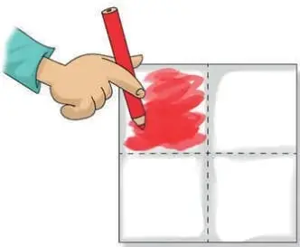 Mano sosteniendo un lápiz rojo que pinta la parte superior izquierda de la hoja dividida en 4 partes.