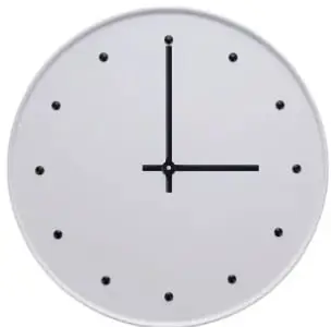 Reloj analógico blanco sin números, manecilla corta en el 3 y larga en el 12.