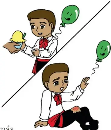 Dos niños con uniforme escolar sobre una diagonal: uno feliz con un helado y un globo verde sonriente, otro caído en el suelo con el mismo globo, ilustrando cómo la misma situación se vive de forma distinta. Ilustración de Irene Reyes Santiago, Estado de México.