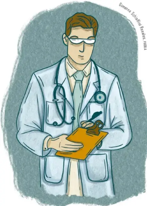 Ilustración de una persona adulta acostada en una cama de hospital abrazando a una niña pequeña que duerme; la niña viste pijama morado. Ilustración de Gimenna Schiaffini Rosales.