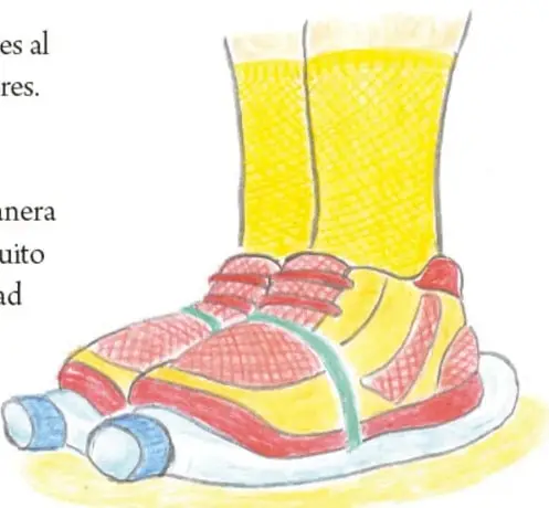 Dibujo de pies con tenis amarillos y rojos con calcetines altos, parados sobre dos botellas de plástico a modo de patines. Crédito: Gabriel Ramón García, Veracruz.