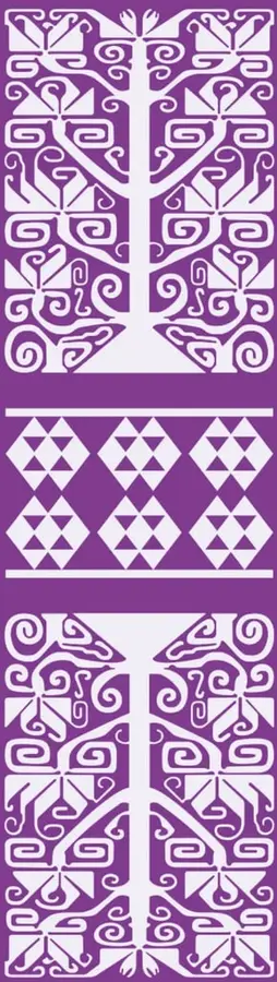 Decoración tipo papel picado con motivos de árboles estilizados y patrones triangulares de color blanco sobre fondo morado, propia del diseño de la Colección Nanahuatzin.