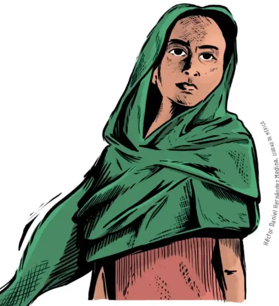 Mujer adulta con un rebozo verde que le cubre la cabeza y los hombros; mira al frente con expresión serena.
