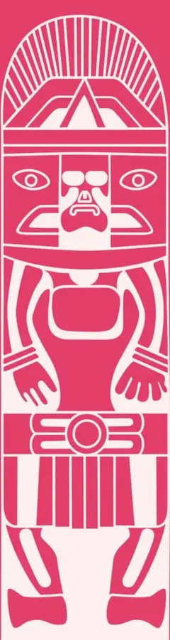 Ilustración estilizada de una deidad prehispánica tallada en piedra, con tocado radial, rostro con ojos y nariz marcados, brazos flexionados y faldellín, elaborada en líneas blancas sobre fondo rosa.
