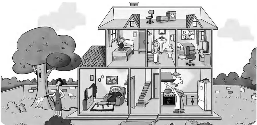 Ilustración de una casa en corte transversal con dos plantas. Planta alta: dormitorio con un niño en la cama, baño con una mujer y estudio con un hombre en la computadora. Planta baja: sala de estar con una anciana en un sillón, escalera, cocina con una mujer cocinando y, afuera, un jardín con un árbol grande y una mujer de pie.