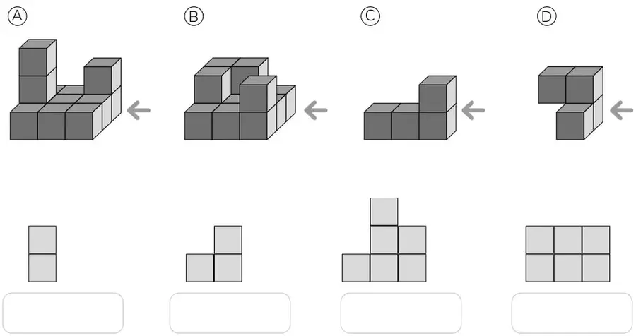 Cuatro figuras 3D formadas por cubos (A, B, C, D) con una flecha que indica la dirección de la vista del lado derecho.