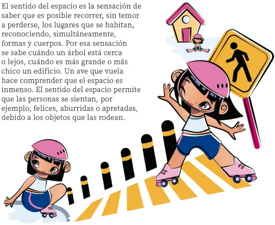 Dos niñas patinando con casco rosa entre bolardos (postes negros con franjas amarillas) y un paso peatonal amarillo; una niña sentada y otra patinando con los brazos abiertos junto a una señal amarilla de peatón y una casita rosa; ilustración de Ru Mendoza, Puebla.
