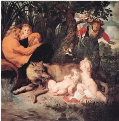 Pintura que representa la leyenda de Rómulo y Remo: una loba amamanta a los gemelos bajo un árbol, mientras un pastor los observa.