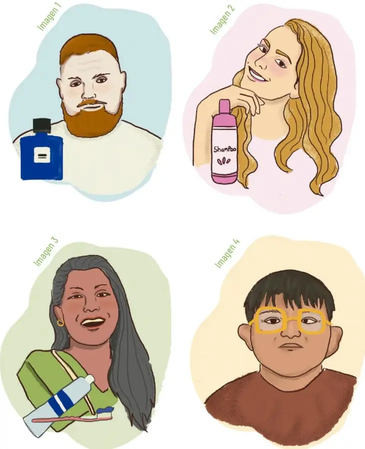 Imagen 1: hombre adulto con barba y frasco azul de perfume o loción.