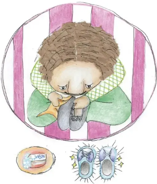 Ilustración de una niña lavándose los dientes, con jabón y zapatos limpios a los lados. Crédito: Paola Ivonne Cruz Vázquez, Estado de México.
