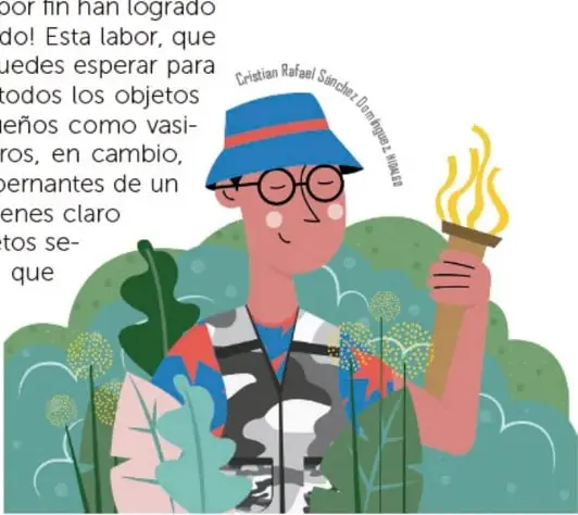 El mismo arqueólogo sostiene una antorcha encendida entre vegetación, en actitud de exploración.