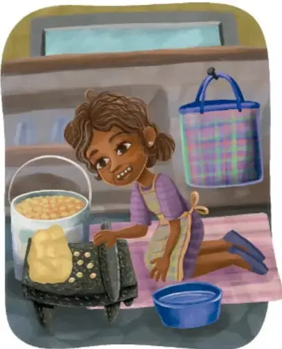 Ilustración de una niña en el suelo, junto a un fogón de barro con una olla de comida, una bolsa de mandado colgada y un recipiente con agua; al pie se lee 'Armando Amezcua Hora, Guanajuato'.