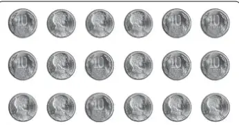 18 monedas de 100 pesos chilenos distribuidas en tres filas de seis.