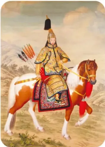 Ilustración tradicional china de un guerrero con arco y flechas montado en un caballo blanco y café, con vestimenta de la dinastía Qing.