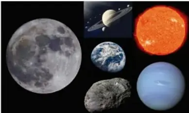 Collage de cuerpos celestes: la Luna, Saturno con sus anillos, el Sol, la Tierra, un asteroide y Neptuno.