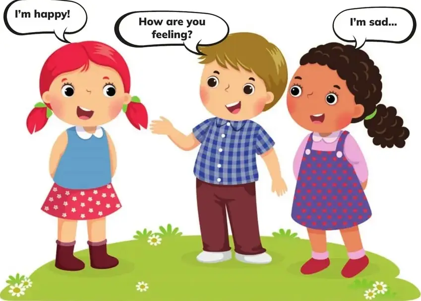 Tres niños en un prado verde con flores. La niña pelirroja dice 'I'm happy!', el niño con camisa a cuadros pregunta 'How are you feeling?' y la niña con vestido morado dice 'I'm sad...'.