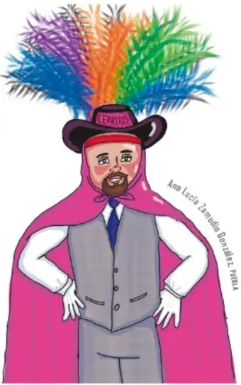 Ilustración de un huehue con sombrero negro con plumas multicolores, capa rosa y traje gris con corbata; firma de Ana Lucia Zamudio González, 2024.