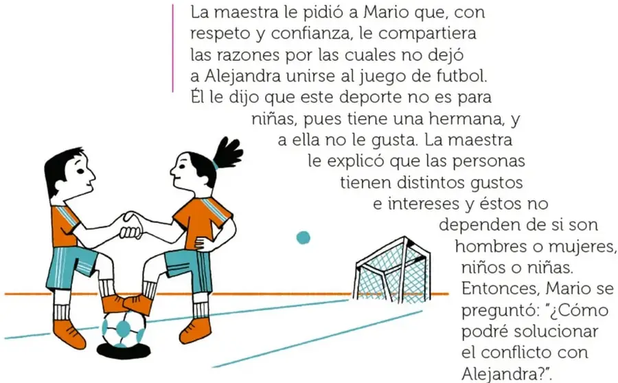 Ilustración de dos niños en uniforme de futbol (naranja y turquesa) dándose la mano junto a un balón, con una portería de fondo, sobre una cancha.