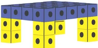 Vasos azules ordenados en 5 filas, con 6, 6, 7, 7 y 8 vasos; algunos vasos aparecen desplazados hacia la derecha.