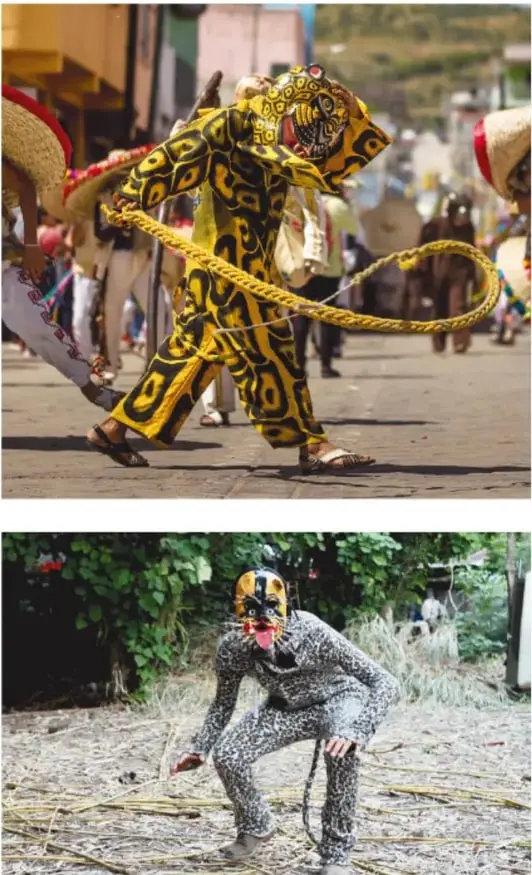 Danzante vestido de blanco con faja roja carga sobre los hombros una gran figura blanca de animal marino (parecida a una tortuga o tiburón), en una procesión con mujeres de vestidos blancos y flores.