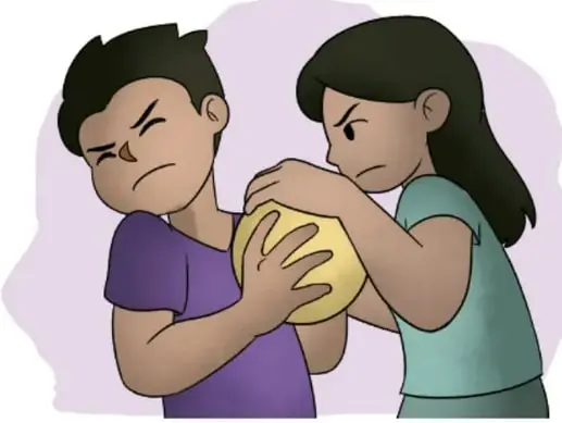 Ilustración de un niño y una niña discutiendo por un balón amarillo; ambos tienen gestos de enojo.