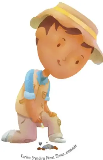 Ilustración de Leonardo arrodillado, observando con lupa un pequeño hallazgo en el suelo (crédito: Karina Eréndira Pérez Dimas).