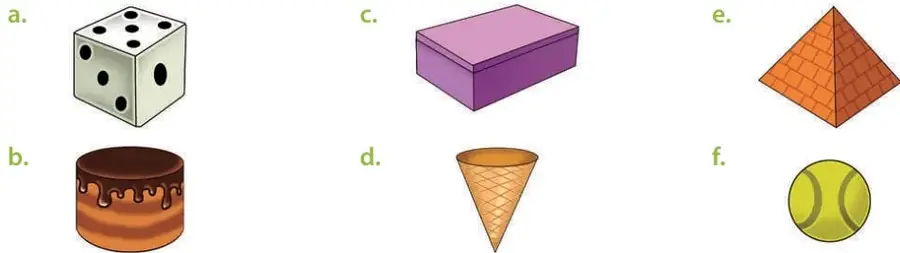 Seis objetos cotidianos: un dado de puntos, una torta cilíndrica con chocolate, una caja morada alargada, un cono de helado de waffle, un techo piramidal de tejas naranjas y una pelota de tenis verde con línea curva.