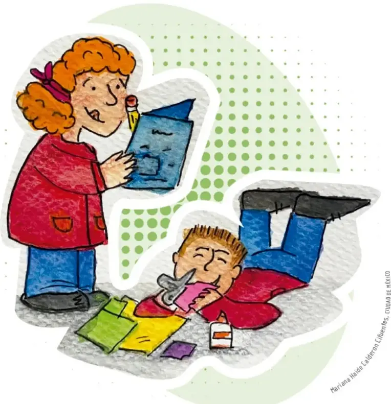 Ilustración de dos niños elaborando materiales: una niña de pelo rizado con suéter rojo sostiene un cuaderno azul con un lápiz, y un niño tumbado en el pelo recorta con tijeras hojas de colores; hay colores, tijeras y pegamento en el suelo.