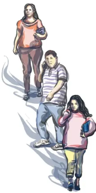 Ilustración de tres personas caminando: una mujer con libros, un hombre hablando por teléfono y una niña con libros. Crédito: Octavio Sánchez Oropeza, Veracruz.