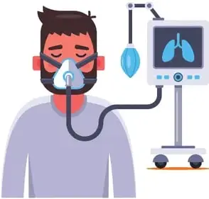Ilustración de un paciente con mascarilla de oxígeno conectado a un equipo médico que muestra pulmones.