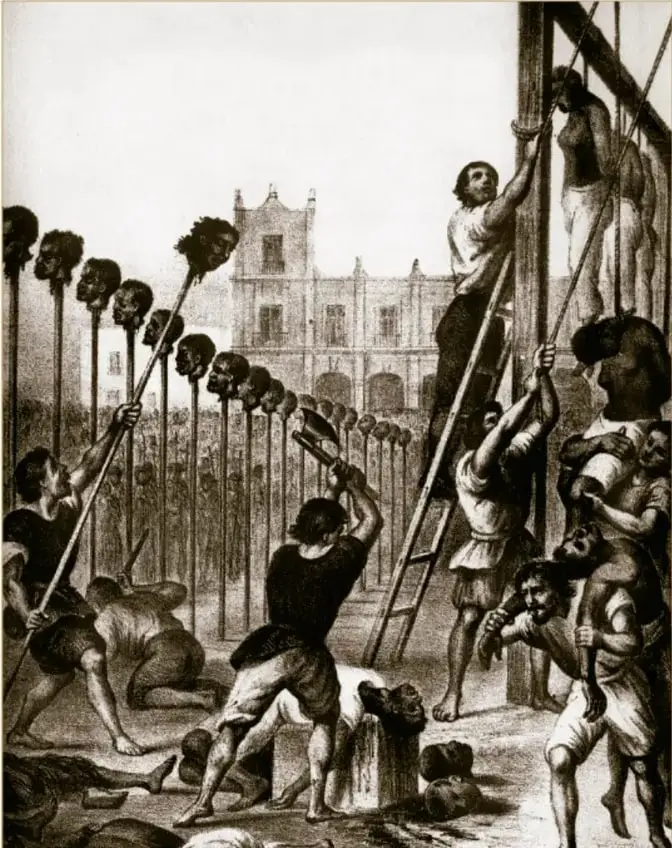 Litografía del siglo XIX que muestra la escena del castigo de 33 esclavizados de origen africano: se ven cuerpos colgados de horcas y estacas con cabezas, soldados y personas realizando la ejecución en una plaza con edificios coloniales al fondo.