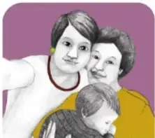 Adulto con cabello canoso y otro adulto con dos niñas, sobre fondo verde oscuro.