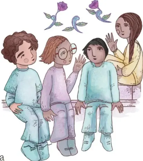 Ilustración de cuatro niños y una niña sentados en un círculo conversando y saludando, con flores decorativas; crédito a Tania Villanueva López, PUEBLA.