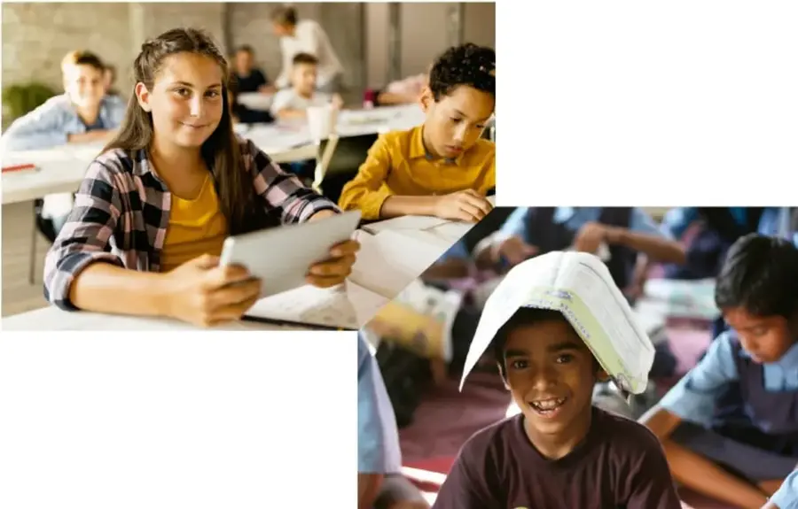 Estudiantes en un aula moderna utilizando tabletas y computadoras, representando el acceso favorable a las TIC.