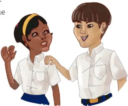 Ilustración de dos niñas y niños con uniforme que se saludan sonriendo el primer día de clases.