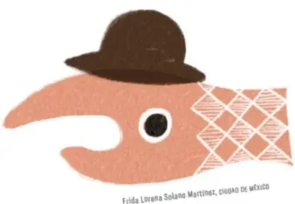 Ilustración de un rostro de perfil con piel morena, cabello crespo bajo un sombrero café y una trenza con patrón geométrico blanco; firma Frida Lorena Solano Martínez, Ciudad de México.