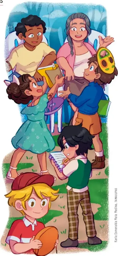 Comunidad escolar reunida al aire libre tras la feria: niños y una abuela conversan, una niña en vestido verde entrega algo, un niño toma notas en un cuaderno y otro sonríe con un instrumento de madera. Crédito: Karla Esmeralda Mata Medina, TAMAULIPAS.