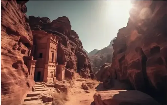 Fotografía del tesoro de Petra (Al-Khazneh) entre los acantilados rojizos.