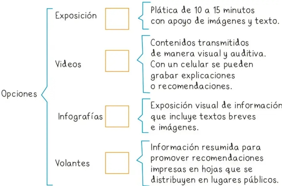 Esquema con la palabra 'Opciones' que se ramifica en cuatro recuadros: Exposición, Videos, Infografías y Volantes, cada uno con su descripción.